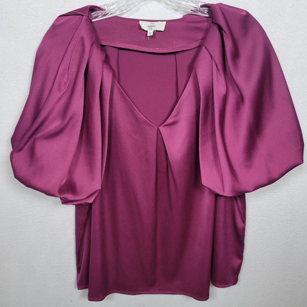 Entro‎ Satin V-Neck Balloon Puff Short Sleeve Blouse Magenta Purple Size M